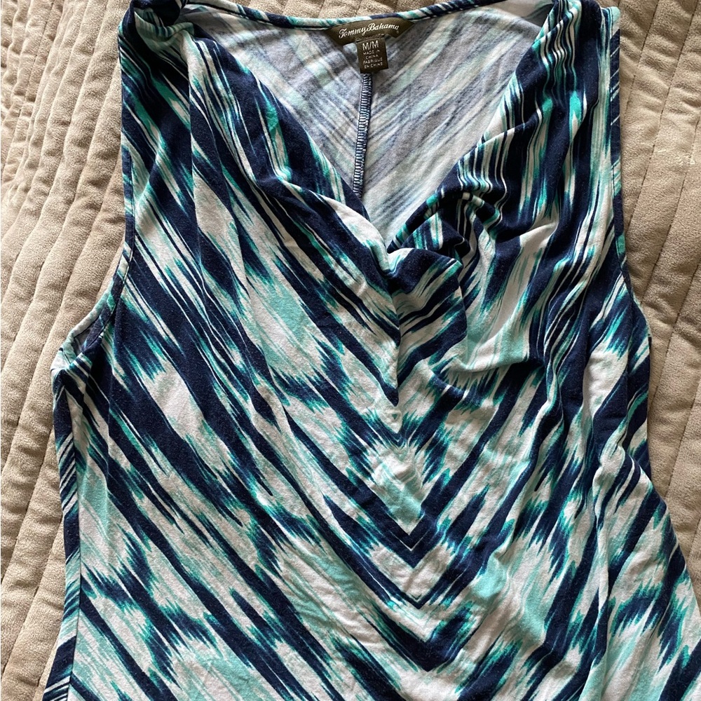 Tommy bahama sleeveless shirt. Tropical. Blues. Summer. Drapes. Cowl neck.